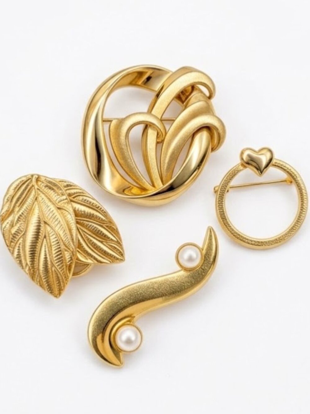 Vintage Gold Brooch Set of 4, Retro Statement Pins, Costume Jewelry